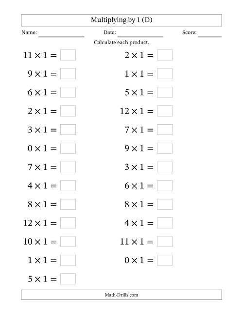 The Horizontally Arranged Multiplying (0 to 12) by 1 (25 Questions; Large Print) (D) Math Worksheet