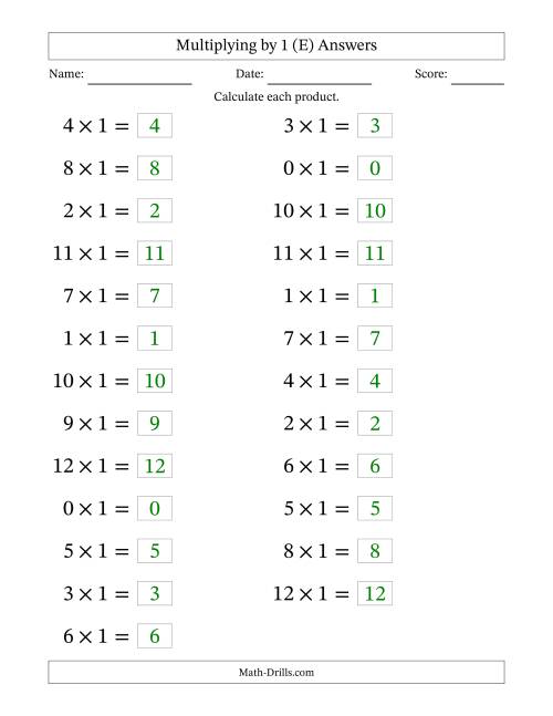 The Horizontally Arranged Multiplying (0 to 12) by 1 (25 Questions; Large Print) (E) Math Worksheet Page 2
