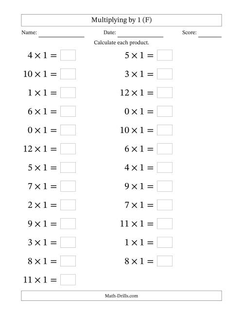 The Horizontally Arranged Multiplying (0 to 12) by 1 (25 Questions; Large Print) (F) Math Worksheet