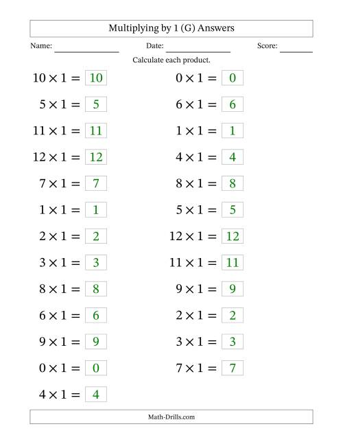 The Horizontally Arranged Multiplying (0 to 12) by 1 (25 Questions; Large Print) (G) Math Worksheet Page 2