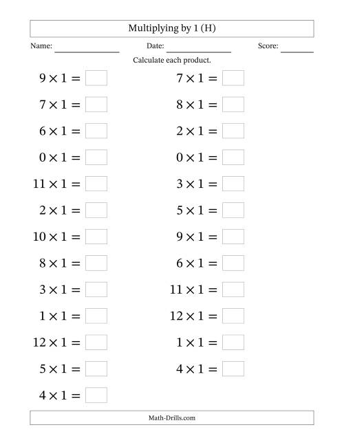 The Horizontally Arranged Multiplying (0 to 12) by 1 (25 Questions; Large Print) (H) Math Worksheet