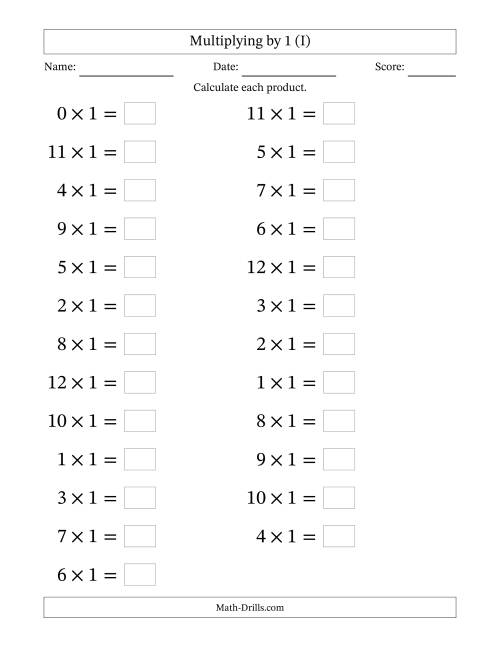 The Horizontally Arranged Multiplying (0 to 12) by 1 (25 Questions; Large Print) (I) Math Worksheet