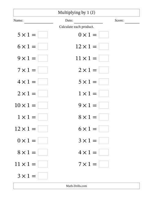 The Horizontally Arranged Multiplying (0 to 12) by 1 (25 Questions; Large Print) (J) Math Worksheet