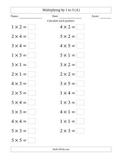 Horizontally Arranged Multiplication Facts with Factors 1 to 5 and Products to 25 (25 Questions; Large Print)