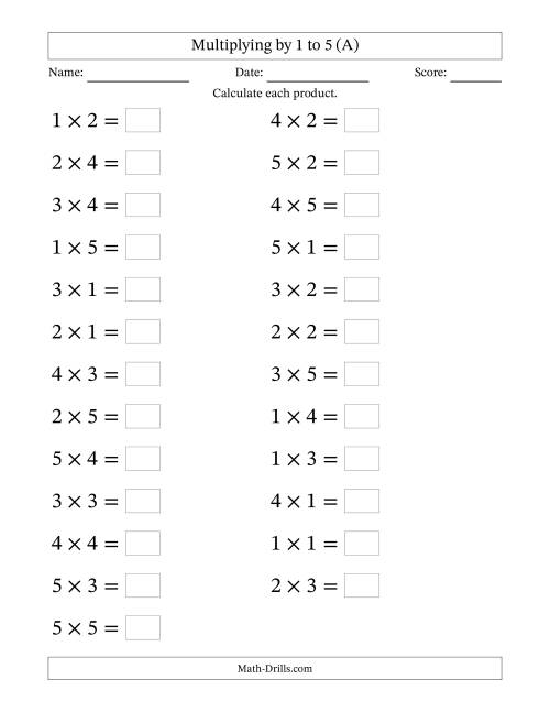 The Horizontally Arranged Multiplying up to 5 × 5 (25 Questions; Large Print) (A) Math Worksheet