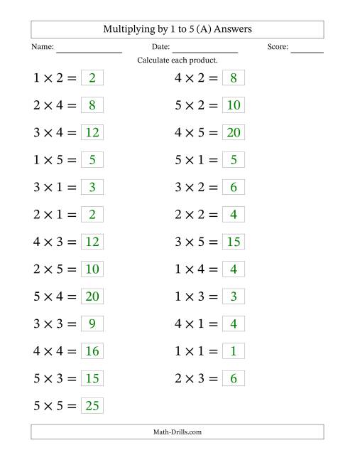 The Horizontally Arranged Multiplying up to 5 × 5 (25 Questions; Large Print) (A) Math Worksheet Page 2