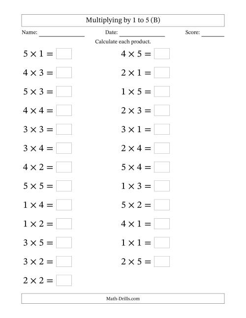 The Horizontally Arranged Multiplication Facts with Factors 1 to 5 and Products to 25 (25 Questions; Large Print) (B) Math Worksheet