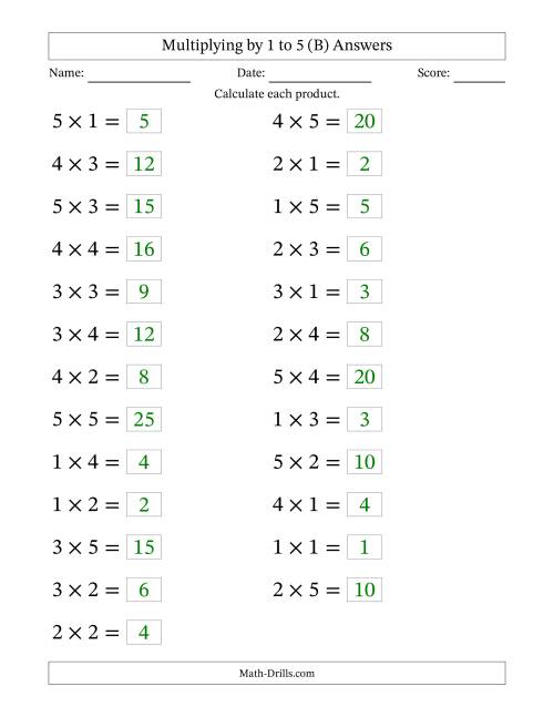 The Horizontally Arranged Multiplication Facts with Factors 1 to 5 and Products to 25 (25 Questions; Large Print) (B) Math Worksheet Page 2