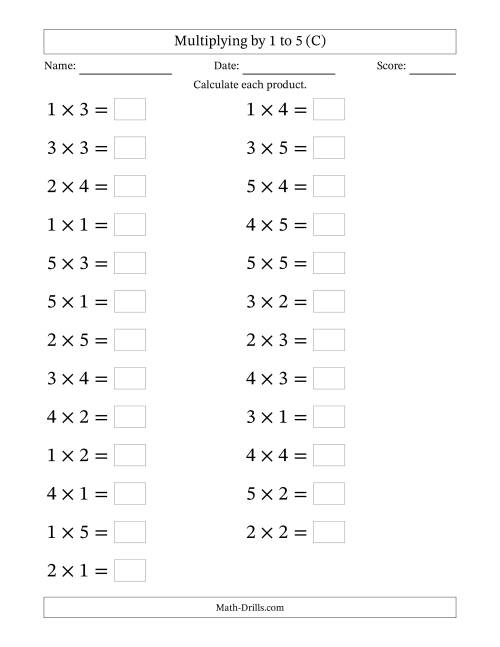 The Horizontally Arranged Multiplication Facts with Factors 1 to 5 and Products to 25 (25 Questions; Large Print) (C) Math Worksheet