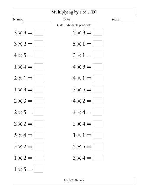 The Horizontally Arranged Multiplication Facts with Factors 1 to 5 and Products to 25 (25 Questions; Large Print) (D) Math Worksheet