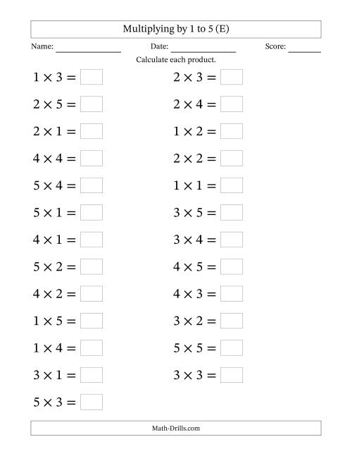 The Horizontally Arranged Multiplication Facts with Factors 1 to 5 and Products to 25 (25 Questions; Large Print) (E) Math Worksheet