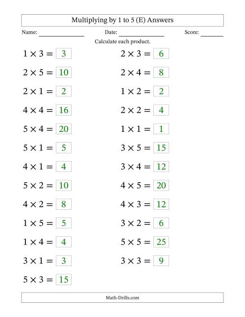 The Horizontally Arranged Multiplication Facts with Factors 1 to 5 and Products to 25 (25 Questions; Large Print) (E) Math Worksheet Page 2