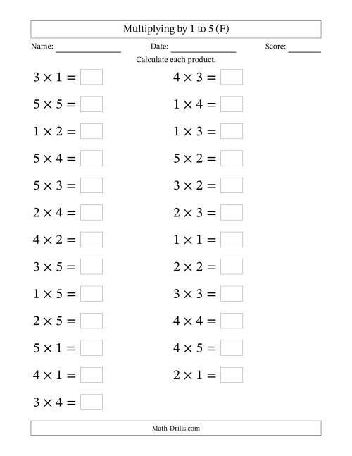 The Horizontally Arranged Multiplication Facts with Factors 1 to 5 and Products to 25 (25 Questions; Large Print) (F) Math Worksheet