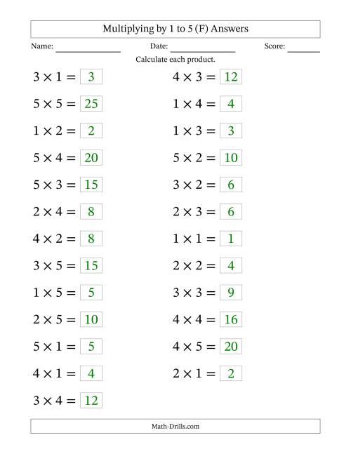 The Horizontally Arranged Multiplication Facts with Factors 1 to 5 and Products to 25 (25 Questions; Large Print) (F) Math Worksheet Page 2