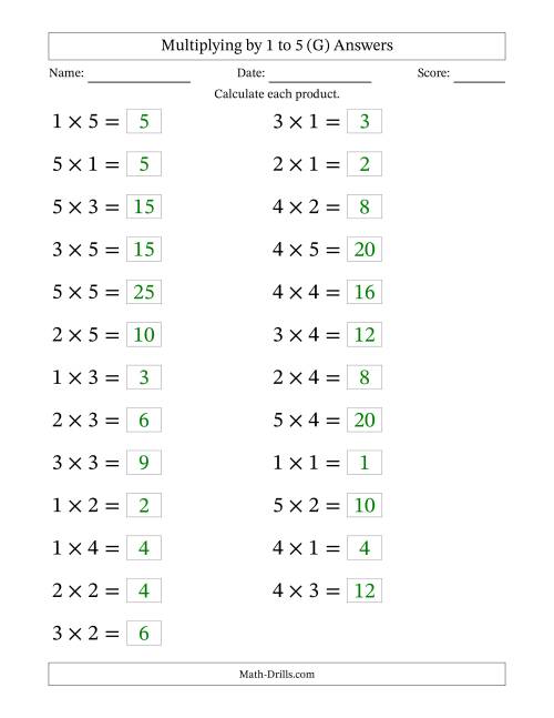 The Horizontally Arranged Multiplying up to 5 × 5 (25 Questions; Large Print) (G) Math Worksheet Page 2