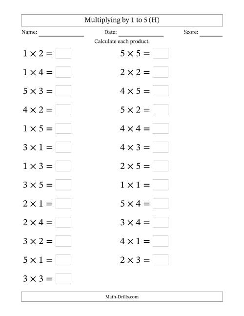The Horizontally Arranged Multiplying up to 5 × 5 (25 Questions; Large Print) (H) Math Worksheet