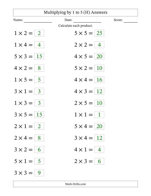 The Horizontally Arranged Multiplying up to 5 × 5 (25 Questions; Large Print) (H) Math Worksheet Page 2