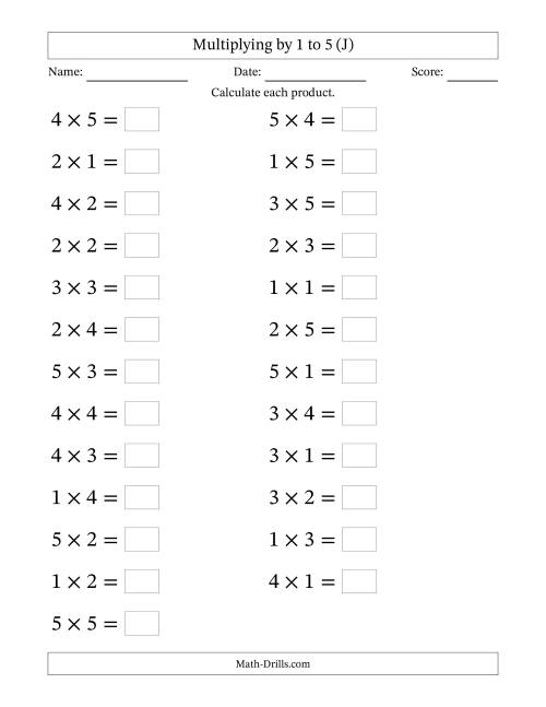 The Horizontally Arranged Multiplication Facts with Factors 1 to 5 and Products to 25 (25 Questions; Large Print) (J) Math Worksheet