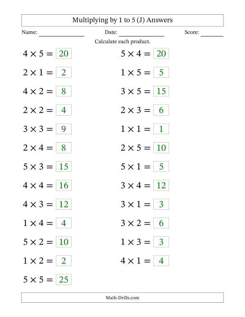 The Horizontally Arranged Multiplication Facts with Factors 1 to 5 and Products to 25 (25 Questions; Large Print) (J) Math Worksheet Page 2