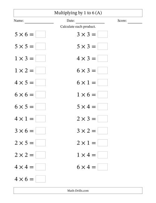 The Horizontally Arranged Multiplying up to 6 × 6 (25 Questions; Large Print) (A) Math Worksheet