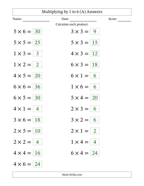 The Horizontally Arranged Multiplying up to 6 × 6 (25 Questions; Large Print) (A) Math Worksheet Page 2