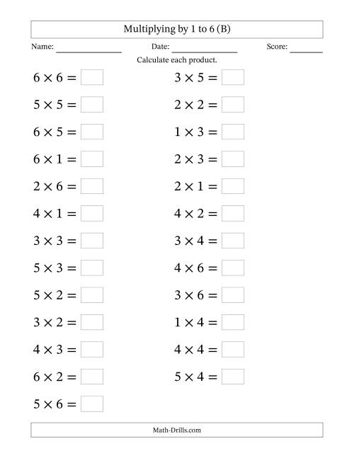 The Horizontally Arranged Multiplying up to 6 × 6 (25 Questions; Large Print) (B) Math Worksheet