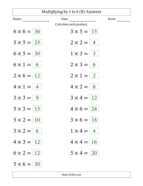 The Horizontally Arranged Multiplying up to 6 × 6 (25 Questions; Large Print) (B) Math Worksheet Page 2