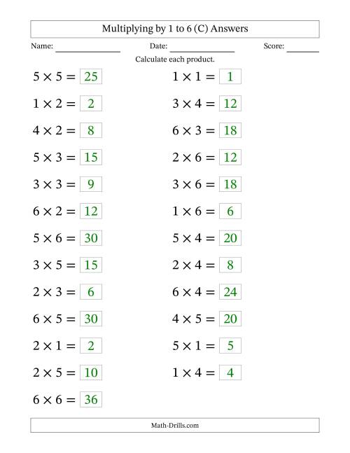 The Horizontally Arranged Multiplication Facts with Factors 1 to 6 and Products to 36 (25 Questions; Large Print) (C) Math Worksheet Page 2