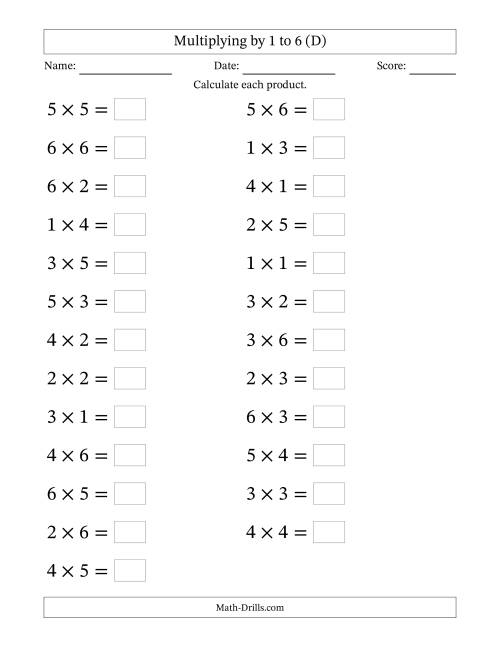 The Horizontally Arranged Multiplication Facts with Factors 1 to 6 and Products to 36 (25 Questions; Large Print) (D) Math Worksheet