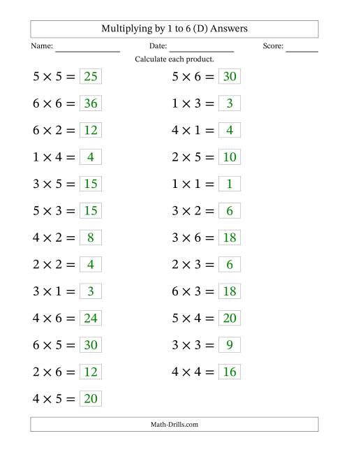 The Horizontally Arranged Multiplication Facts with Factors 1 to 6 and Products to 36 (25 Questions; Large Print) (D) Math Worksheet Page 2