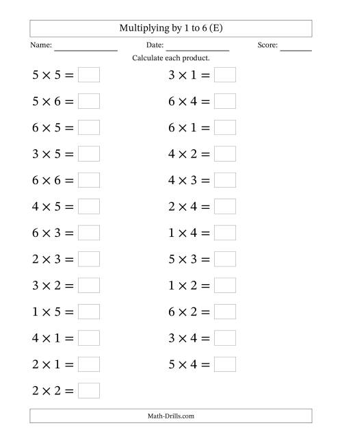 The Horizontally Arranged Multiplication Facts with Factors 1 to 6 and Products to 36 (25 Questions; Large Print) (E) Math Worksheet