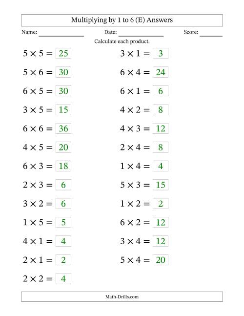 The Horizontally Arranged Multiplying up to 6 × 6 (25 Questions; Large Print) (E) Math Worksheet Page 2