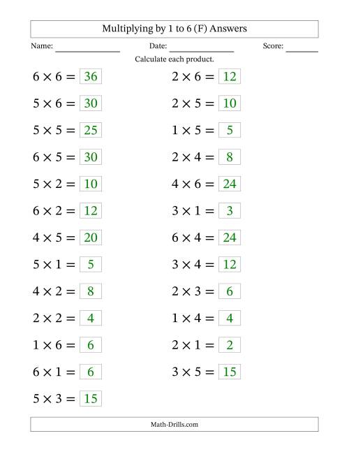 The Horizontally Arranged Multiplying up to 6 × 6 (25 Questions; Large Print) (F) Math Worksheet Page 2