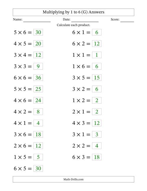 The Horizontally Arranged Multiplying up to 6 × 6 (25 Questions; Large Print) (G) Math Worksheet Page 2