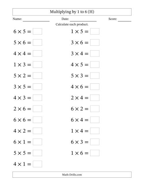 The Horizontally Arranged Multiplication Facts with Factors 1 to 6 and Products to 36 (25 Questions; Large Print) (H) Math Worksheet