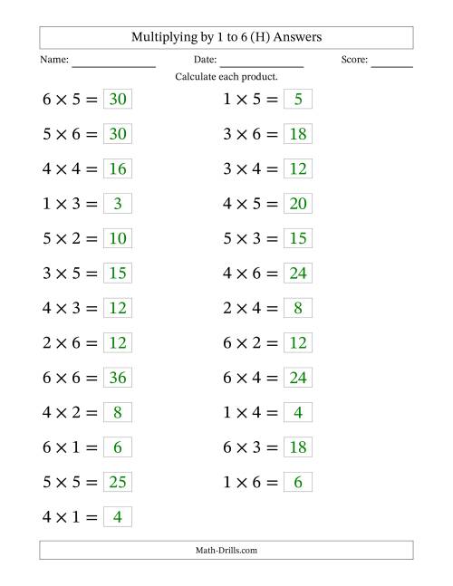 The Horizontally Arranged Multiplying up to 6 × 6 (25 Questions; Large Print) (H) Math Worksheet Page 2