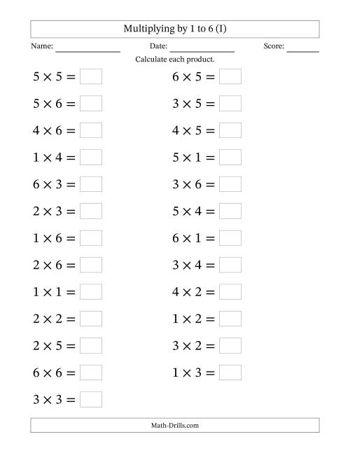 The Horizontally Arranged Multiplication Facts with Factors 1 to 6 and Products to 36 (25 Questions; Large Print) (I) Math Worksheet