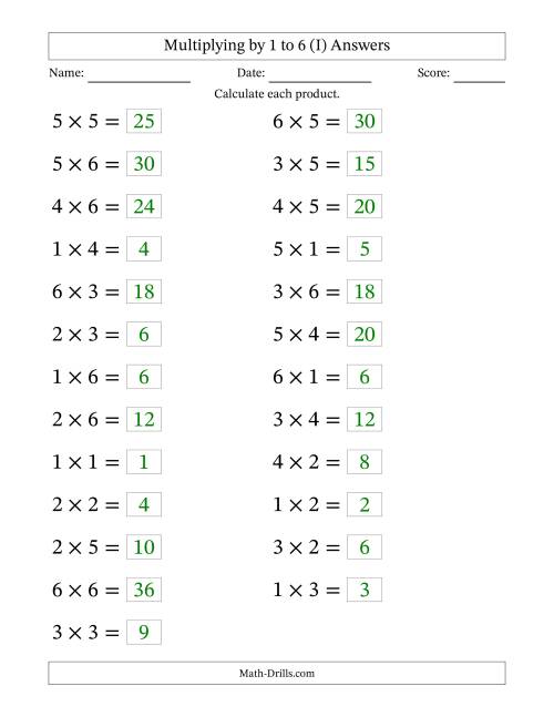 The Horizontally Arranged Multiplying up to 6 × 6 (25 Questions; Large Print) (I) Math Worksheet Page 2
