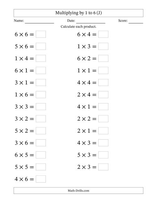 The Horizontally Arranged Multiplying up to 6 × 6 (25 Questions; Large Print) (J) Math Worksheet