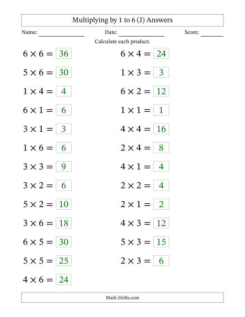 The Horizontally Arranged Multiplication Facts with Factors 1 to 6 and Products to 36 (25 Questions; Large Print) (J) Math Worksheet Page 2