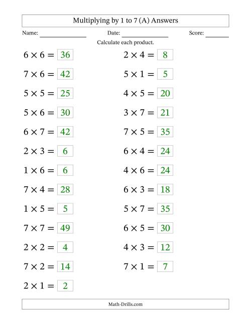 The Horizontally Arranged Multiplying up to 7 × 7 (25 Questions; Large Print) (A) Math Worksheet Page 2