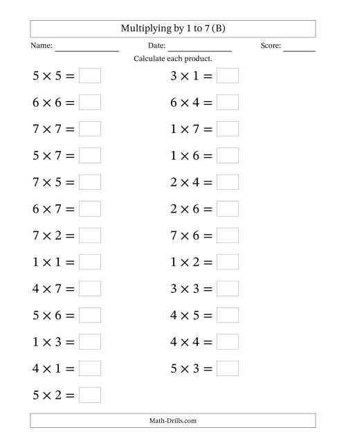 The Horizontally Arranged Multiplying up to 7 × 7 (25 Questions; Large Print) (B) Math Worksheet