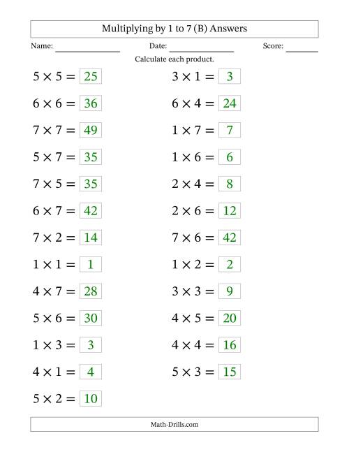 The Horizontally Arranged Multiplying up to 7 × 7 (25 Questions; Large Print) (B) Math Worksheet Page 2