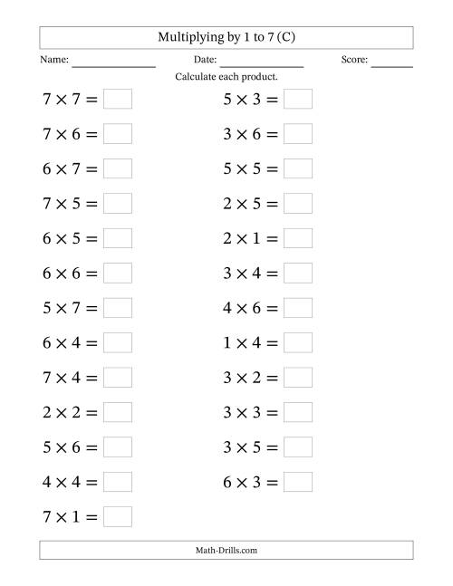 The Horizontally Arranged Multiplication Facts with Factors 1 to 7 and Products to 49 (25 Questions; Large Print) (C) Math Worksheet