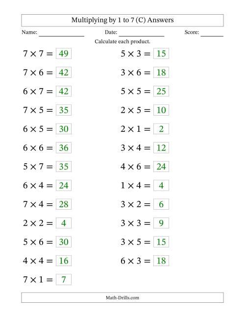 The Horizontally Arranged Multiplication Facts with Factors 1 to 7 and Products to 49 (25 Questions; Large Print) (C) Math Worksheet Page 2