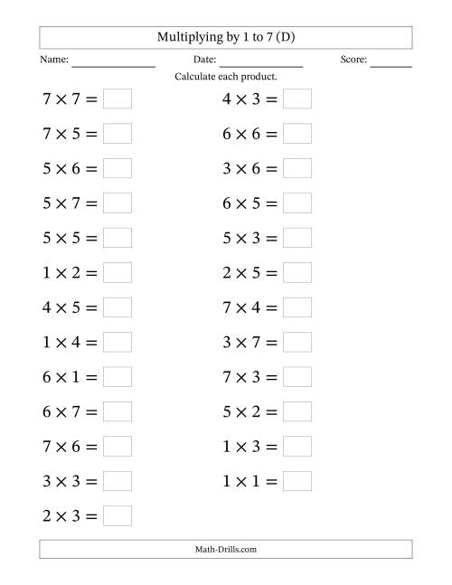 The Horizontally Arranged Multiplication Facts with Factors 1 to 7 and Products to 49 (25 Questions; Large Print) (D) Math Worksheet