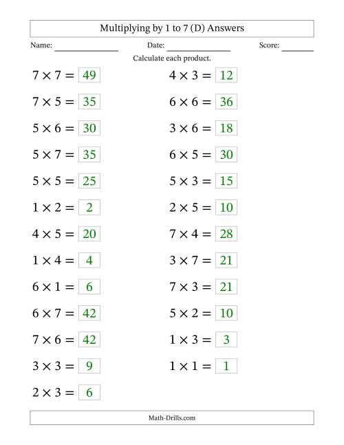 The Horizontally Arranged Multiplying up to 7 × 7 (25 Questions; Large Print) (D) Math Worksheet Page 2