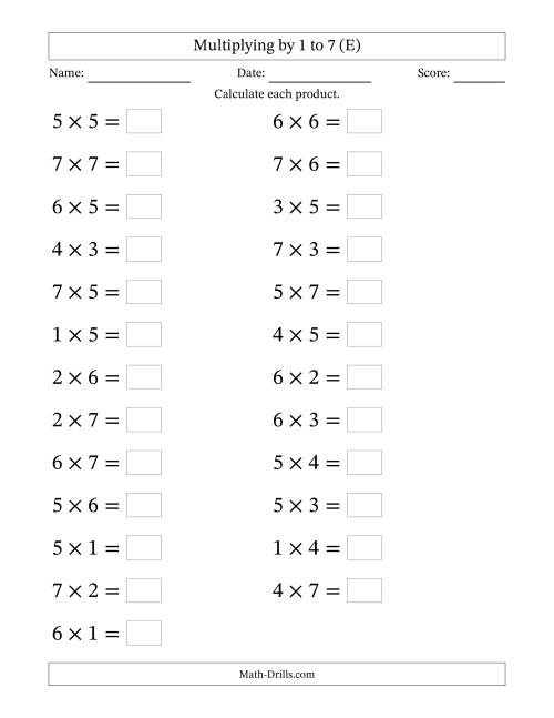 The Horizontally Arranged Multiplication Facts with Factors 1 to 7 and Products to 49 (25 Questions; Large Print) (E) Math Worksheet