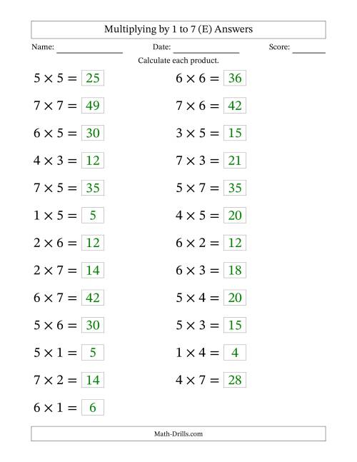 The Horizontally Arranged Multiplication Facts with Factors 1 to 7 and Products to 49 (25 Questions; Large Print) (E) Math Worksheet Page 2