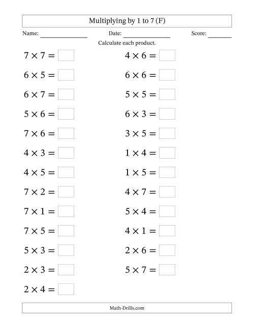 The Horizontally Arranged Multiplying up to 7 × 7 (25 Questions; Large Print) (F) Math Worksheet